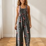 Scottie Floral Print Pleated High Waist Wide Leg Denim Jumpsuit