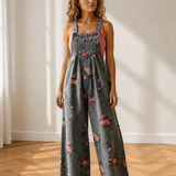 Scottie Floral Print Pleated High Waist Wide Leg Denim Jumpsuit