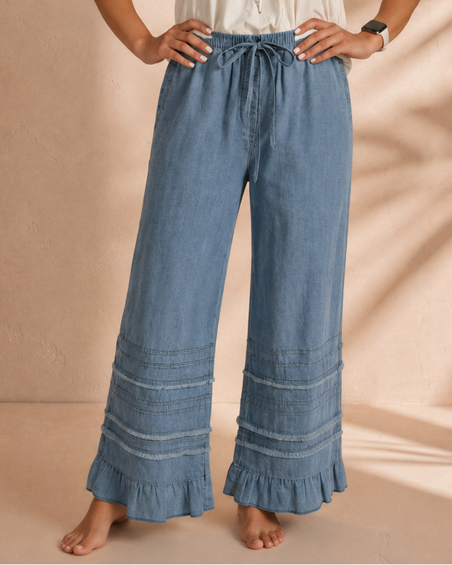 Frankie Ruffled Hem Wide Leg Chambray Pants