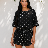 Dottie Polka Dot Short Sleeve Loose Top Drawstring Shorts Set