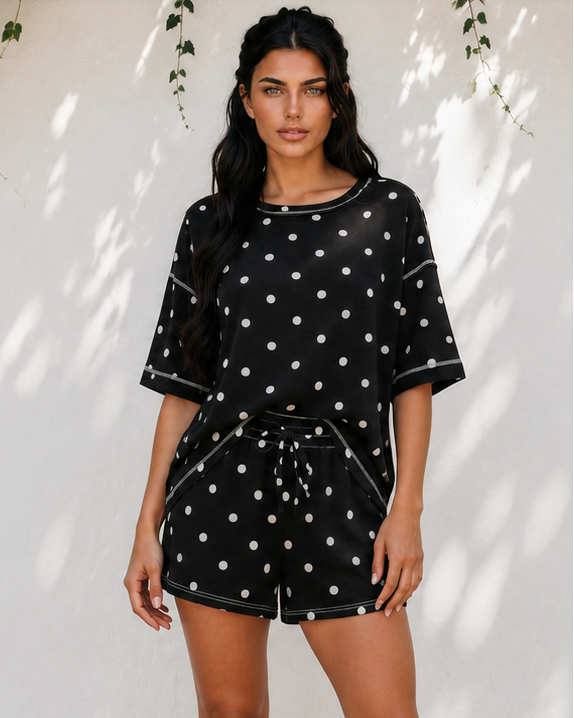 Dottie Polka Dot Short Sleeve Loose Top Drawstring Shorts Set