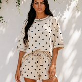 Dottie Polka Dot Short Sleeve Loose Top Drawstring Shorts Set