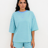 Stay Awhile Set Stripe Striped Ribbed Cotton Two-Piece Pant Set with Chest Patch Detail - Green