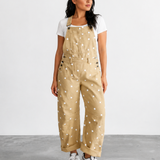 Veda Polka Dot Print Bib Pocket Denim Barrel Overalls - French Beige
