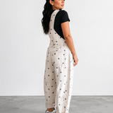 Veda Polka Dot Print Bib Pocket Denim Barrel Overalls  - White