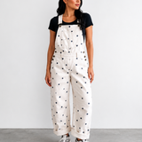 Veda Polka Dot Print Bib Pocket Denim Barrel Overalls  - White