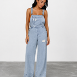 Stevie Retro Distressed Button Adjustable Straps Denim Overall Jumpsuit
