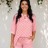 Sunday Slowdown Set Polka Dot Oversized Top Drawstring Short Set - Pink