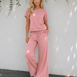 Sunset Walk Set Loose Tee Drawstring Wide Leg Pants 2pcs Outfit - Pink