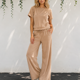 Sunset Walk Set Loose Tee Drawstring Wide Leg Pants 2pcs Outfit - Parchment