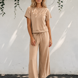 Sunset Walk Set Loose Tee Drawstring Wide Leg Pants 2pcs Outfit - Parchment