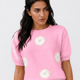 Darcy Flower Pattern Puff Short Sleeve Sweater - Pink