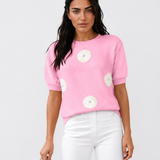 Darcy Flower Pattern Puff Short Sleeve Sweater - Pink