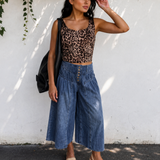 Dallas High Rise Buttons Pleated Cropped Wide Leg Denim Pants