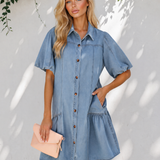 Rowen Button Down Short Puff Sleeve Ruffle Hem Patchwork Denim Dress