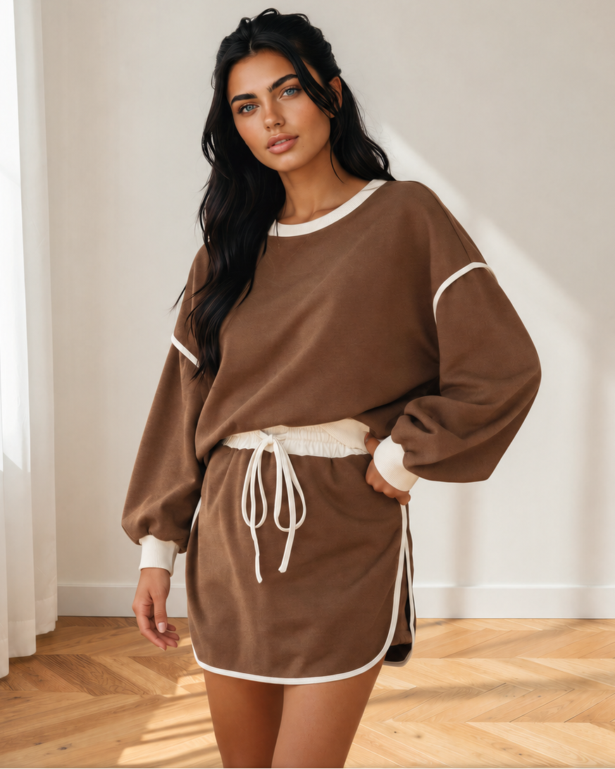 Paisley Contrast Loose Pullover and Lace-up Waist Skort Set