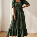 Daisy Plaid Square Neck Shirred High Waist Ruffle Hem Dress