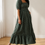 Daisy Plaid Square Neck Shirred High Waist Ruffle Hem Dress