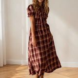 Grace Plaid Knot Front Smocked High Waist Midi Dress