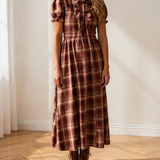 Grace Plaid Knot Front Smocked High Waist Midi Dress