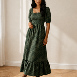 Daisy Plaid Square Neck Shirred High Waist Ruffle Hem Dress