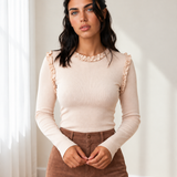 Phoebe Frill Detail Long Sleeve Top - Light Beige