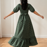 Daisy Plaid Square Neck Shirred High Waist Ruffle Hem Dress