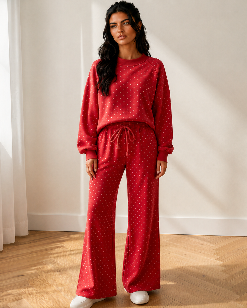 Jane Polka Dot Drawstring Wide Leg Long Sleeve Top Pant Set