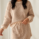 Gingham Crew Neck Long Sleeve Top and Skort Set