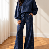 Jane Polka Dot Drawstring Wide Leg Long Sleeve Top Pant Set