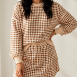 Gingham Crew Neck Long Sleeve Top and Skort Set