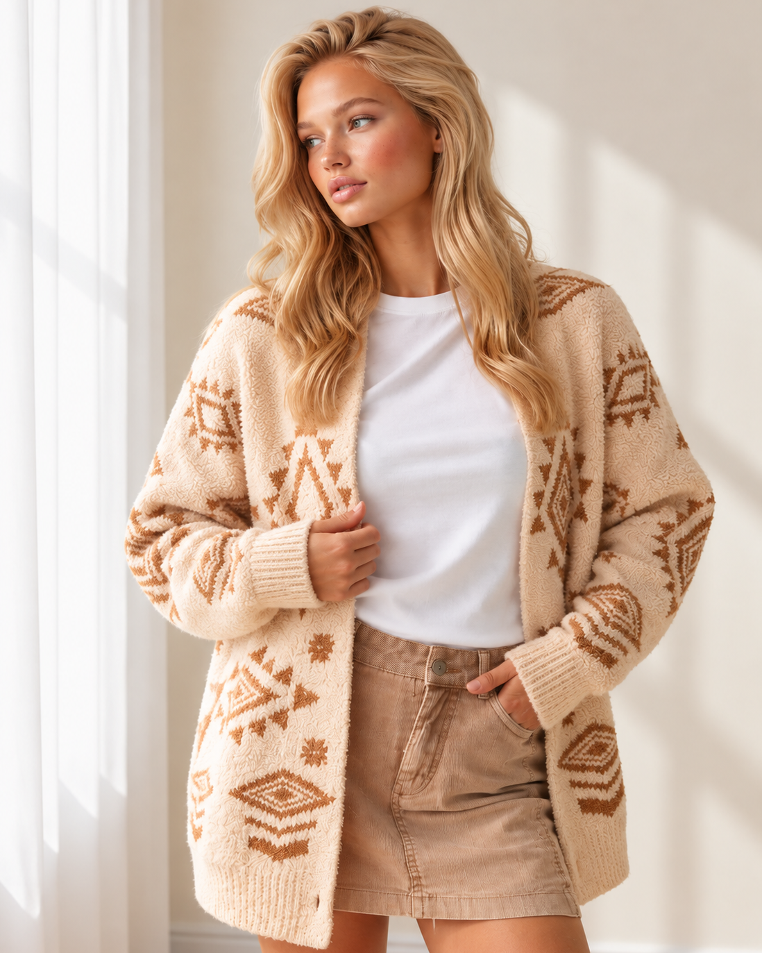 Emory Fuzzy Aztec Print Open Knit Sweater Tunic Cardigan