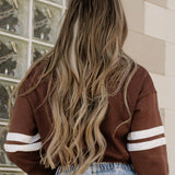 Varsity Striped Sleeve Loose Sweatshirt - Coffee | Dropship