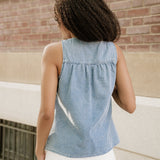 Goldie Denim Pleated Patchwork Sleeveless Top