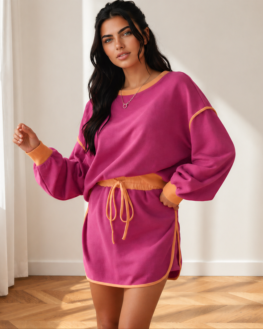 Paisley Contrast Loose Pullover and Lace-up Waist Skort Set