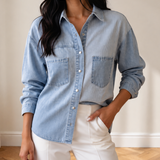 Dana Lightweight Denim Striped Patchwork Button Down Shacket