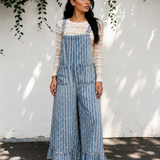 Jovie Striped Distressed Ruffled Wide Leg Denim Overalls