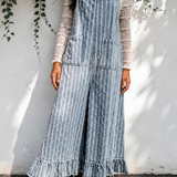 Jovie Striped Distressed Ruffled Wide Leg Denim Overalls