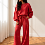 Jane Polka Dot Drawstring Wide Leg Long Sleeve Top Pant Set