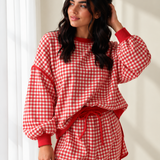 Gingham Crew Neck Long Sleeve Top and Skort Set