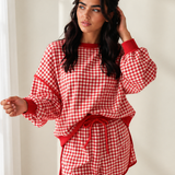 Gingham Crew Neck Long Sleeve Top and Skort Set