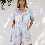 Scottlyn Floral Print Denim Short Sleeve Button Down Dress