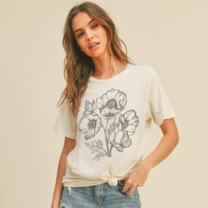Floral Embroidered Graphic Tee - Vintage White