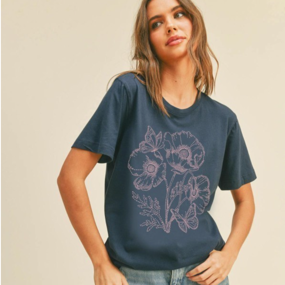 Floral Embroidered Graphic Tee - Navy