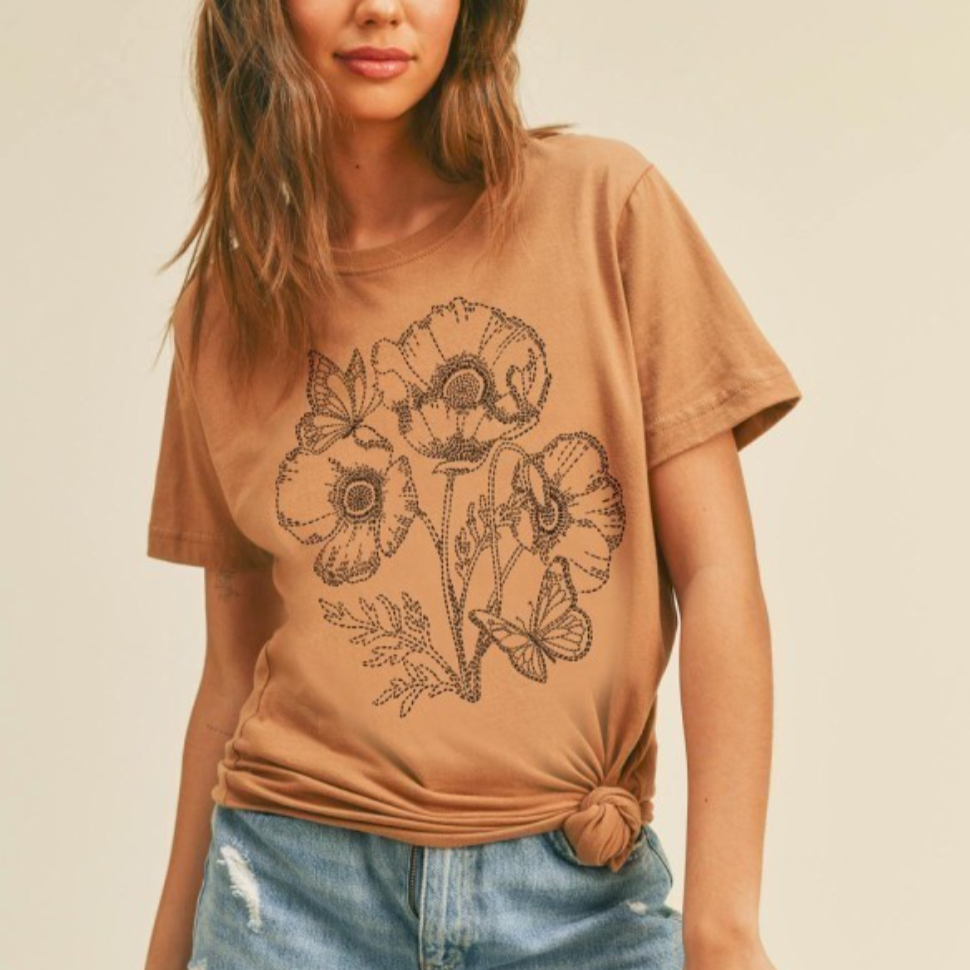 Floral Embroidered Graphic Tee - Toasted Almond