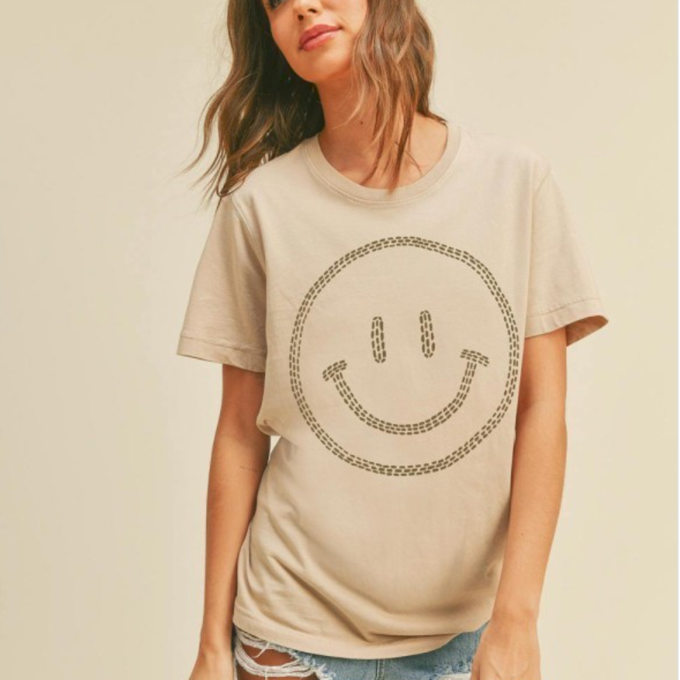 Happy Face Graphic Tee - Tan