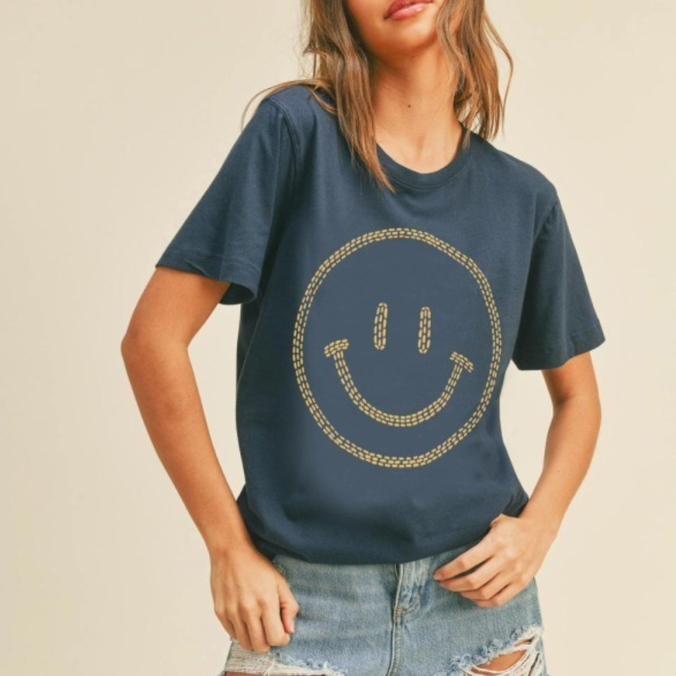 Happy Face Graphic Tee - Navy