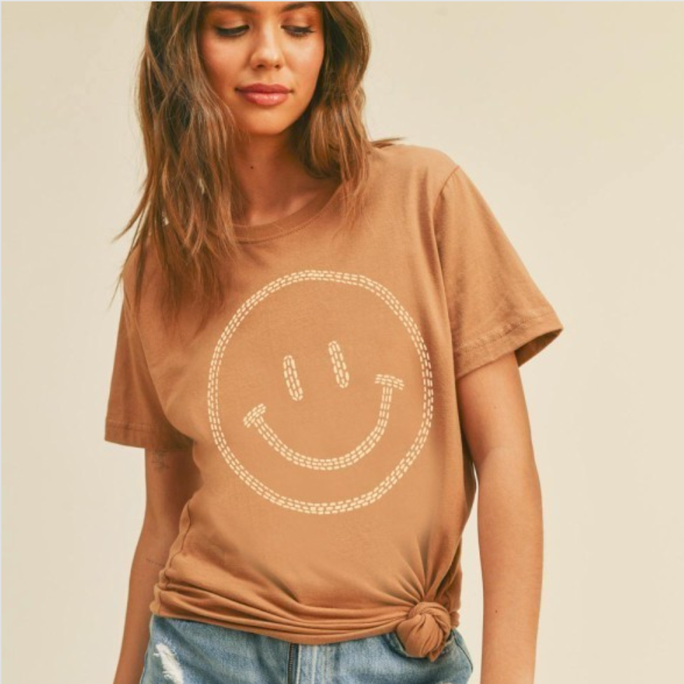 Happy Face Graphic Tee - Toasted Almond