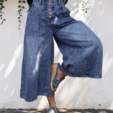 Dallas High Rise Buttons Pleated Cropped Wide Leg Denim Pants