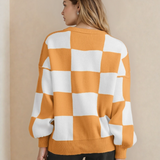 Checkered Crew Neck Sweater - Tangerine